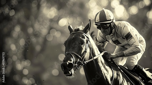 A nostalgic black and white photo style image of a historic racehorse race, with vintage clad jockeys and classic race attire © Nawarit