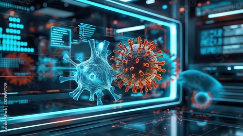 A digital antivirus lab with a holographic display of a computer virus being analyzed and neutralized by advanced software tools.  photo