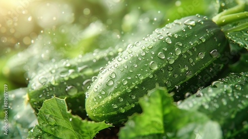   Cucumber close-up with water drops on green foliage