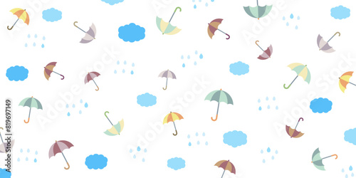 梅雨の季節に使える、傘と雨雲のベクター背景画像