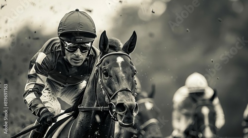 A nostalgic black and white photo style image of a historic racehorse race, with vintage clad jockeys and classic race attire