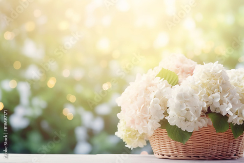 white hydrangea flowers in a wooden basket with blurry bokeh  with space for text