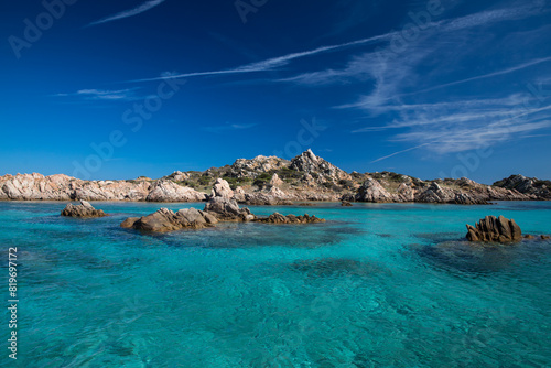 Scenic Sardinia island landscape. Italy sea ​​coast with azure clear water. Nature background