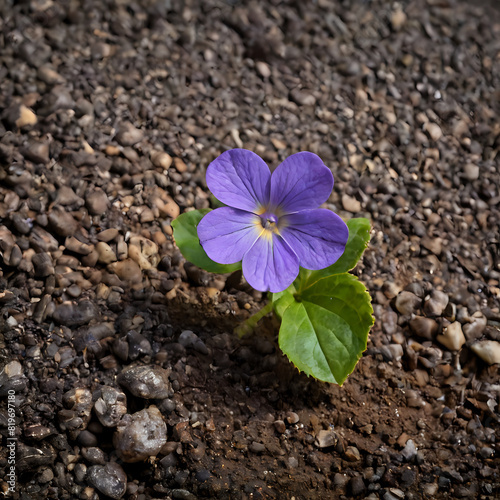 A purple periwinkle flower grows from the barren land