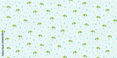 梅雨の季節に使える、緑色と黄色の傘と雫の青いベクター背景画像