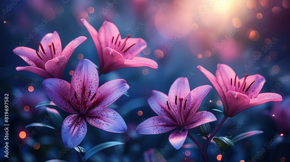 A vibrant cluster of pink blossoms atop a verdant meadow near a dual-toned blue and pink background A vibrant cluster of pink blossoms atop a verdant meadow near a dual-toned blue and pink background