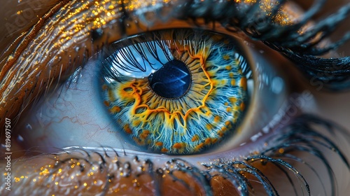   Blue and yellow eyes inside the iris in focus