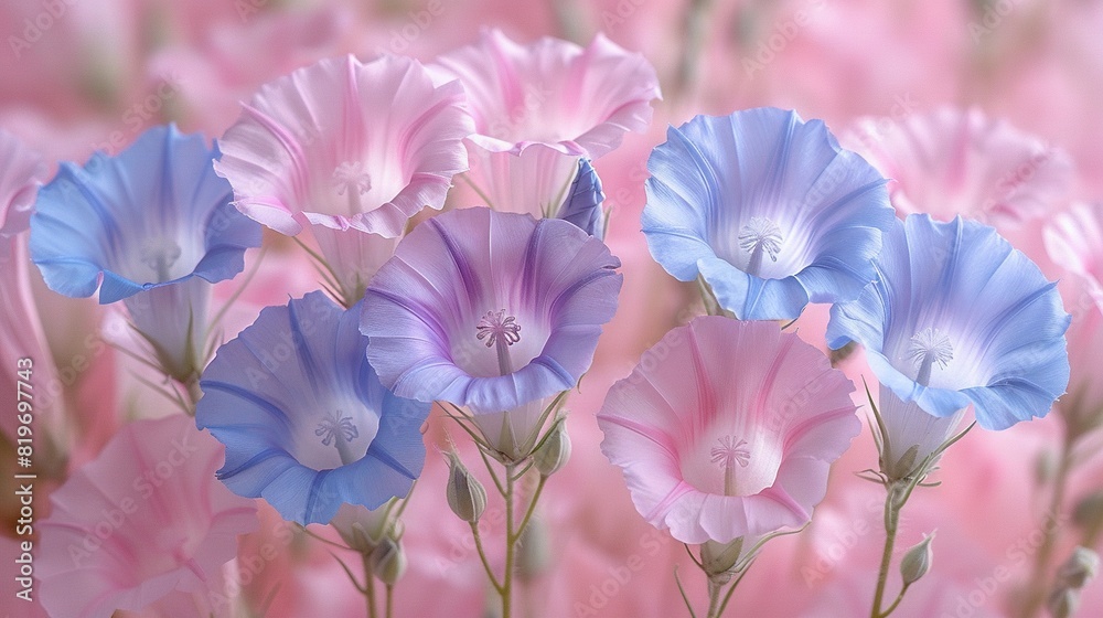   Pink and blue flowers in front of a pink and white background, with blue flowers in the foreground