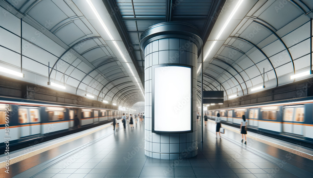 Obraz premium An empty advertising billboard in a metro station with a passing train, metallic modern architecture, illuminated by bright lights, concept of urban advertising. Generative AI