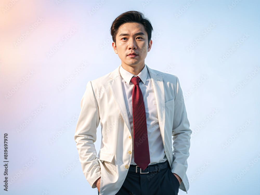 An image of a successful young Asian businessman, dressed in a white suit with a red tie, against a white background exudes confidence and success. An image of a successful young Asian businessman, dressed in a white suit with a red tie, against a white background exudes confidence and success.