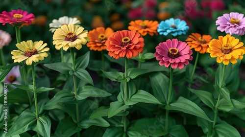  A field of variously-colored flowers in the foreground is surrounded by green leaves, while the backdrop features blurs of red, yellow, orange, pink, orange, blue, yellow