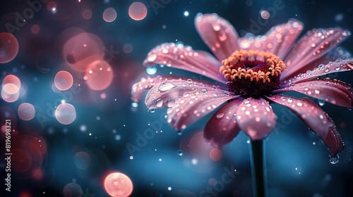  A pink flower with drops of water and a blurry background of lights