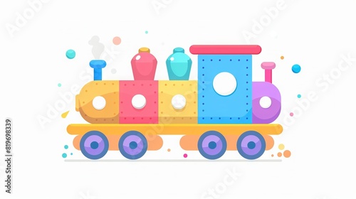  A colorful toy train rests on a white table near a bottle and cup