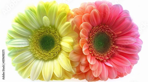   A trio of unique-colored blossoms set against a crisp white backdrop  featuring verdant centers in the middle