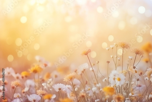 colorful summer flowers with a blurry bokeh background and space for text, summer flower meadow, soft colors