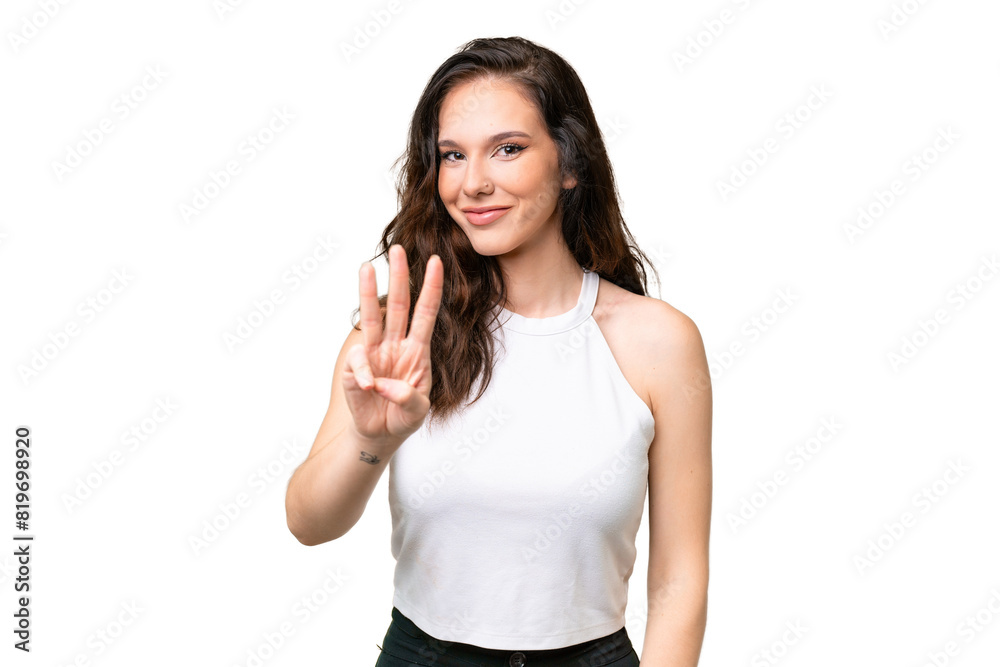 Young caucasian woman isolated over isolated background happy and counting three with fingers Young caucasian woman isolated over isolated background happy and counting three with fingers