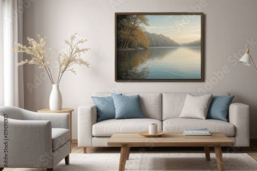 a large framed picture of the winter lake in an elegant living room with sofa and coffee table  a painting hanging on wall