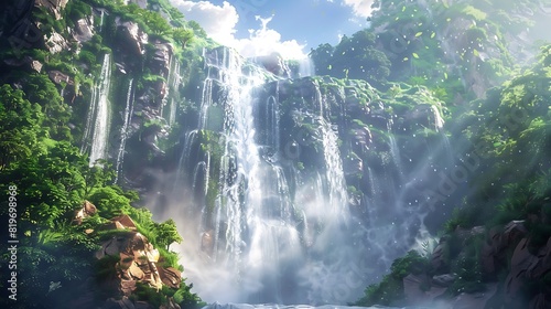 A majestic waterfall cascading down a rocky cliff  surrounded by lush greenery and misty spray.