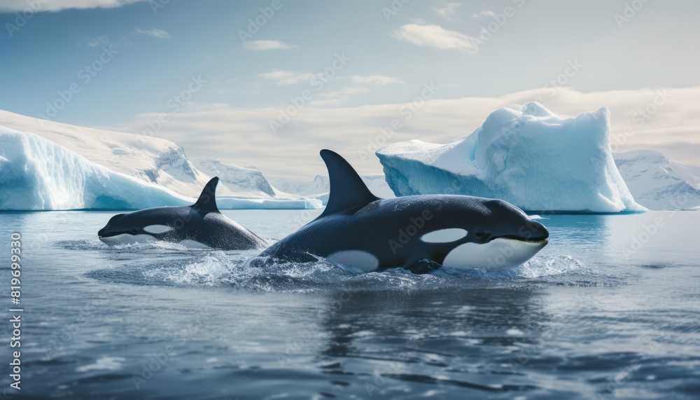 Fototapeta premium Groups of Orcas or killer whales swim and hunt for prey, the top of the food chain in a sea of ​​ice floes