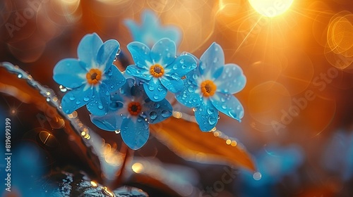   a blue flower with droplets of water on it and a slightly hazy backdrop