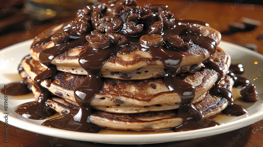 A stack of pancakes topped with chocolate syrup rests atop a white plate, perched upon a wooden table A glass of milk accompanies this delectable treat A stack of pancakes topped with chocolate syrup rests atop a white plate, perched upon a wooden table A glass of milk accompanies this delectable treat