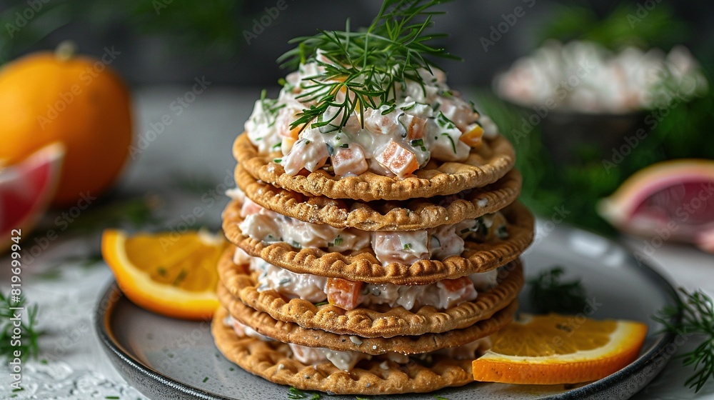A plate with a stack of crackers, an assortment of oranges, and an accompanying glass of freshly squeezed orange juice A plate with a stack of crackers, an assortment of oranges, and an accompanying glass of freshly squeezed orange juice