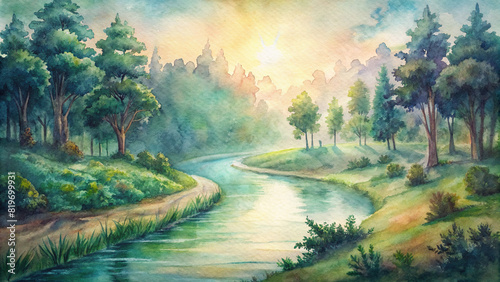 Watercolor painting of a peaceful river winding through a lush forest, with sunlight filtering through the trees 