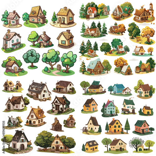 Charming collection of hand-drawn fairytale houses, trees, and cozy cottages. Perfect for storybook illustrations, designs, or creative projects.

