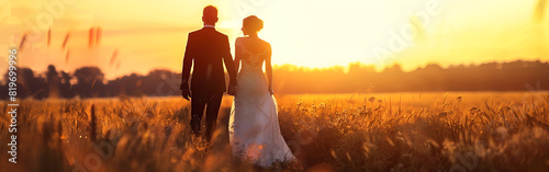 A back view of couple in the field at sunset nature scape golden hour background photo