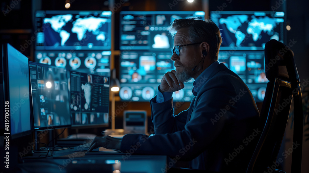 Analyst Monitoring Multiple Screens. A person monitors multiple digital screens filled with data and charts, representing data analysis and cybersecurity operations. Analyst Monitoring Multiple Screens. A person monitors multiple digital screens filled with data and charts, representing data analysis and cybersecurity operations.