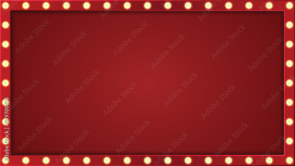 Retro light box frame border with 16:9 aspect ratio, red shining marquee banner for web, presentation, thumbnail, vector isolated, cut out.