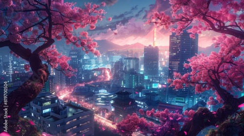 Fantasy Japanese night view cityscape with neon lights, residential skyscraper buildings, and pink cherry sakura trees in a vibrant urban anime setting
 photo