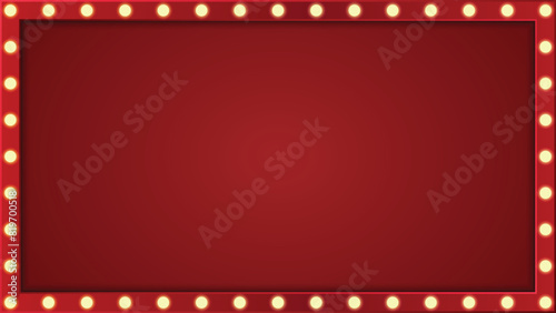 Retro light box frame border with 16:9 aspect ratio, red shining marquee banner for web, presentation, thumbnail, vector isolated, cut out.