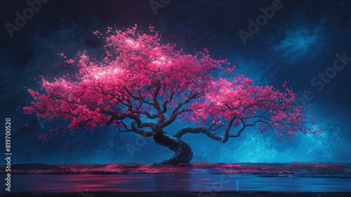   A painting depicts a pink tree standing alone in the center of a tranquil body of water  set against the backdrop of a vivid blue sky