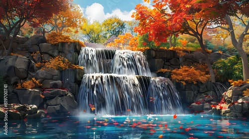A picturesque waterfall flowing over colorful autumn leaves into a tranquil pool below.