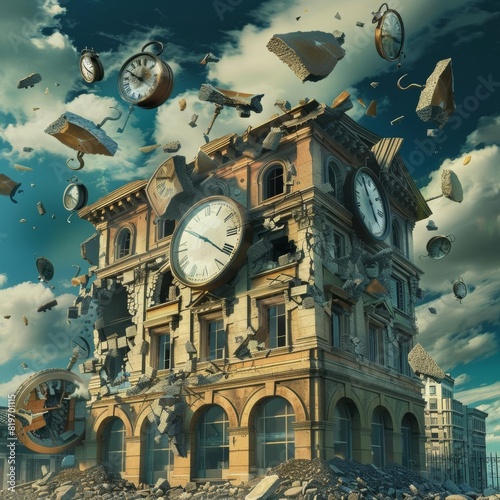 A building is being destroyed by a clock explosion