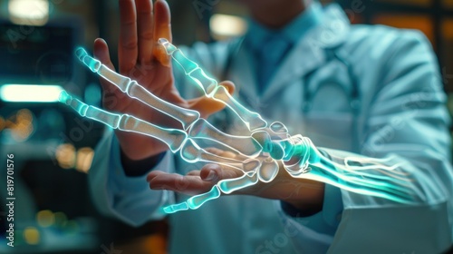 Doctor holds a hologram of human wrist bone. 3D hologram. Medical concept.