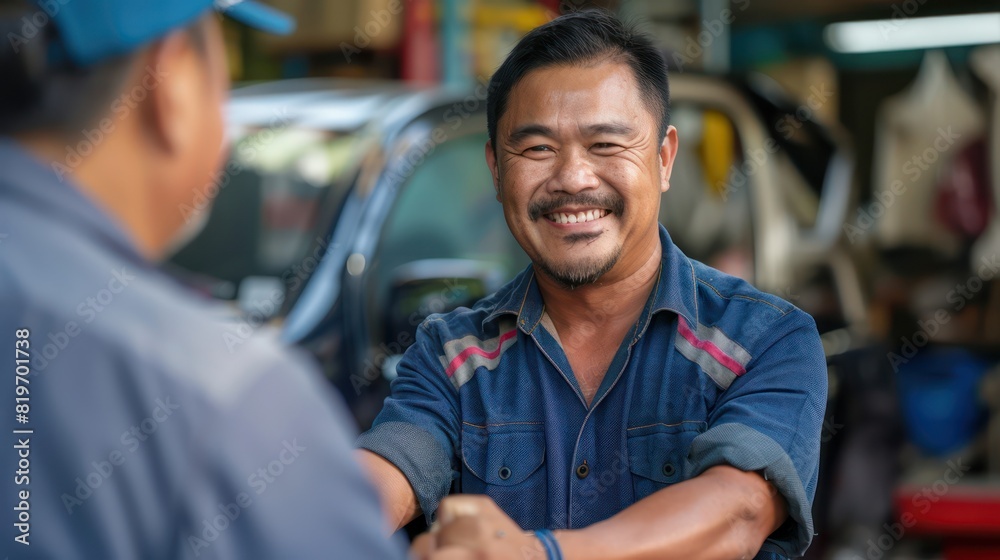 Portrait of a skilled Asian automotive mechanic repairman making eye contact with the camera while shaking hands with a client. Portrait of a skilled Asian automotive mechanic repairman making eye contact with the camera while shaking hands with a client.