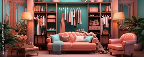 Walkin Closet background flat design side view luxurious fashion haven theme 3D render vivid