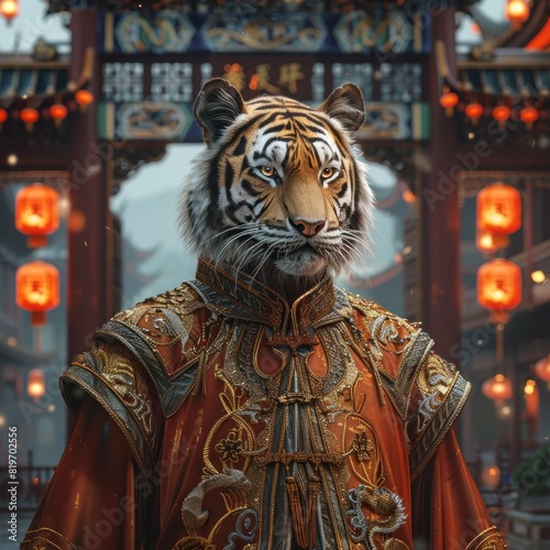 Regal Tiger in Ornate Chinese Dress Stands Proudly at Palace Gate in High Detail Fantasy Art