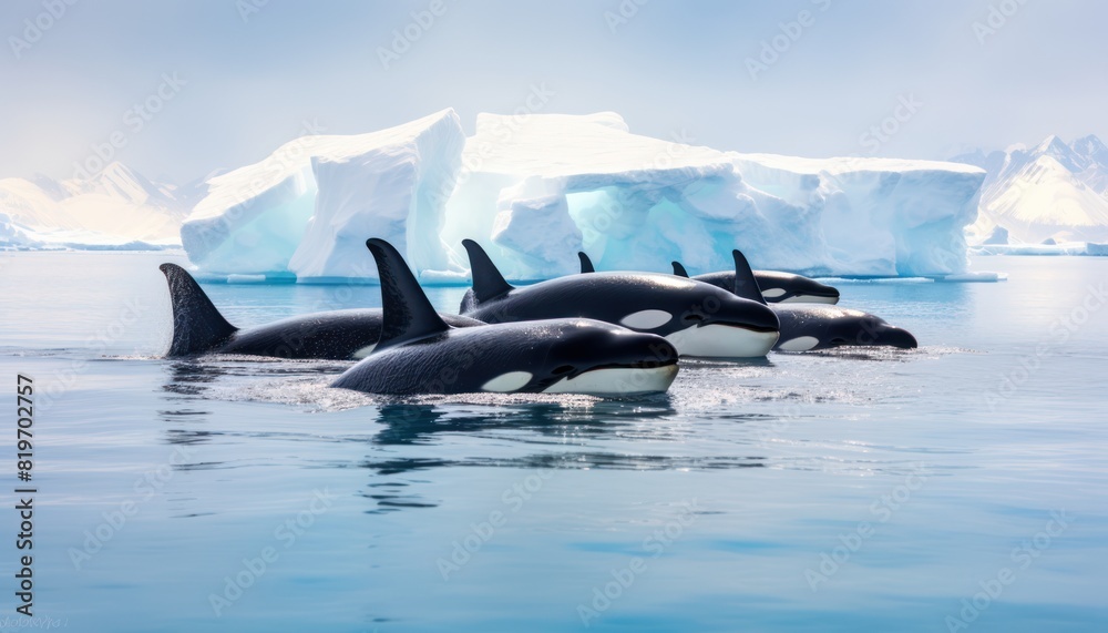 Fototapeta premium Groups of Orcas or killer whales swim and hunt for prey, the top of the food chain in a sea of ​​ice floes