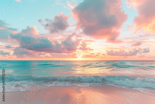 Seashore Splendor: Sunset Paints the Sky Above a Deserted Beach