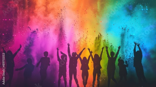 Silhouettes of people throwing colorful powders into the air  creating a mesmerizing display of hues against a radiant background. 