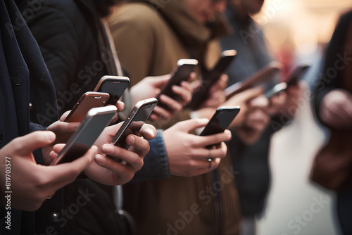 Cropped look at millennials' hands using smartphones - People addicted to smartphones - Tech concept with always-connected teens - Shallow depth of field with focus on devices 