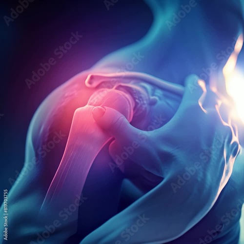 A 3D rendering of a shoulder joint with the muscles and ligaments highlighted and a red spot indicating pain. photo