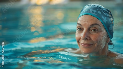 portrait of a cheerful pensioner woman in a swimming cap floating in the pool. playing sports in retirement, healthy lifestyle © Photolife  