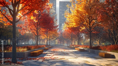 A serene urban park with vibrant autumn foliage, benches, and a cityscape background. Ideal for seasonal or nature-themed projects. photo