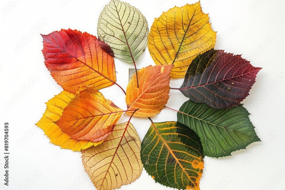 An assortment of autumn leaves with visible textures and veins arranged in a circular pattern on white