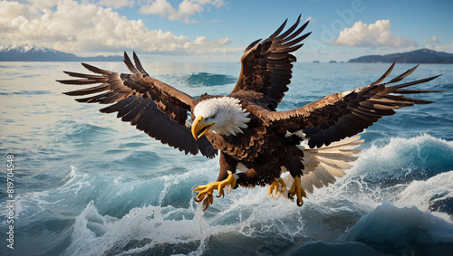 An eagle is flying in a stormy sky. The eagle has its wings spread wide and is looking down.  photo