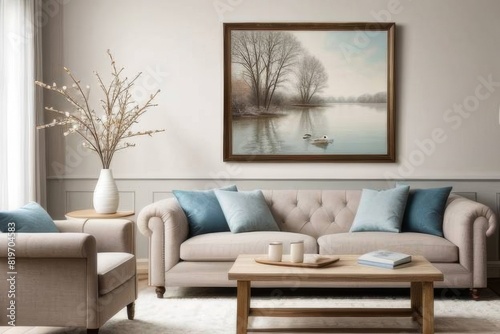 a large framed picture of the winter lake in an elegant living room with sofa and coffee table  a painting hanging on wall